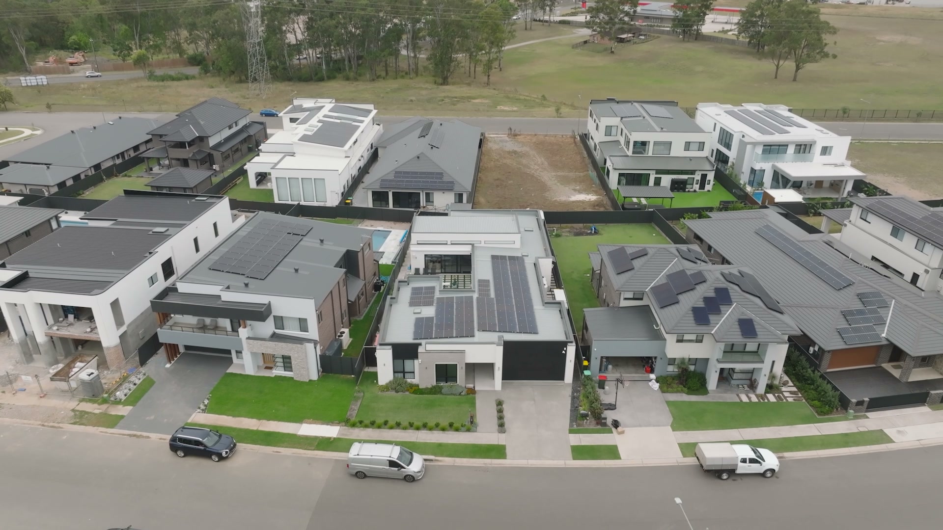 Aerial view of a row of new homes